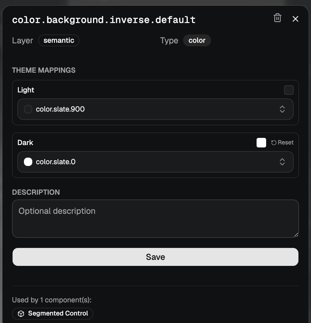 A semantic colour token, color.background.inverse.default, mapping to color.slate.900 in light theme and color.slate.0 in dark theme