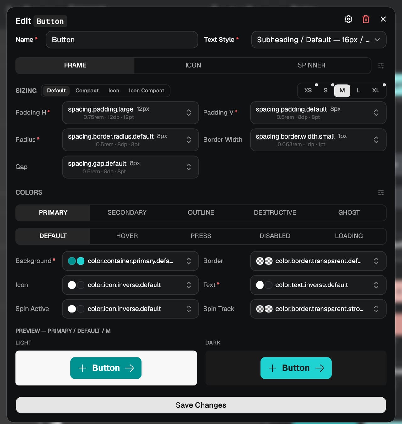 The Button component editor with a tier selector showing XS, S, M, L and XL, and per-tier padding, radius and gap tokens, the M tier active