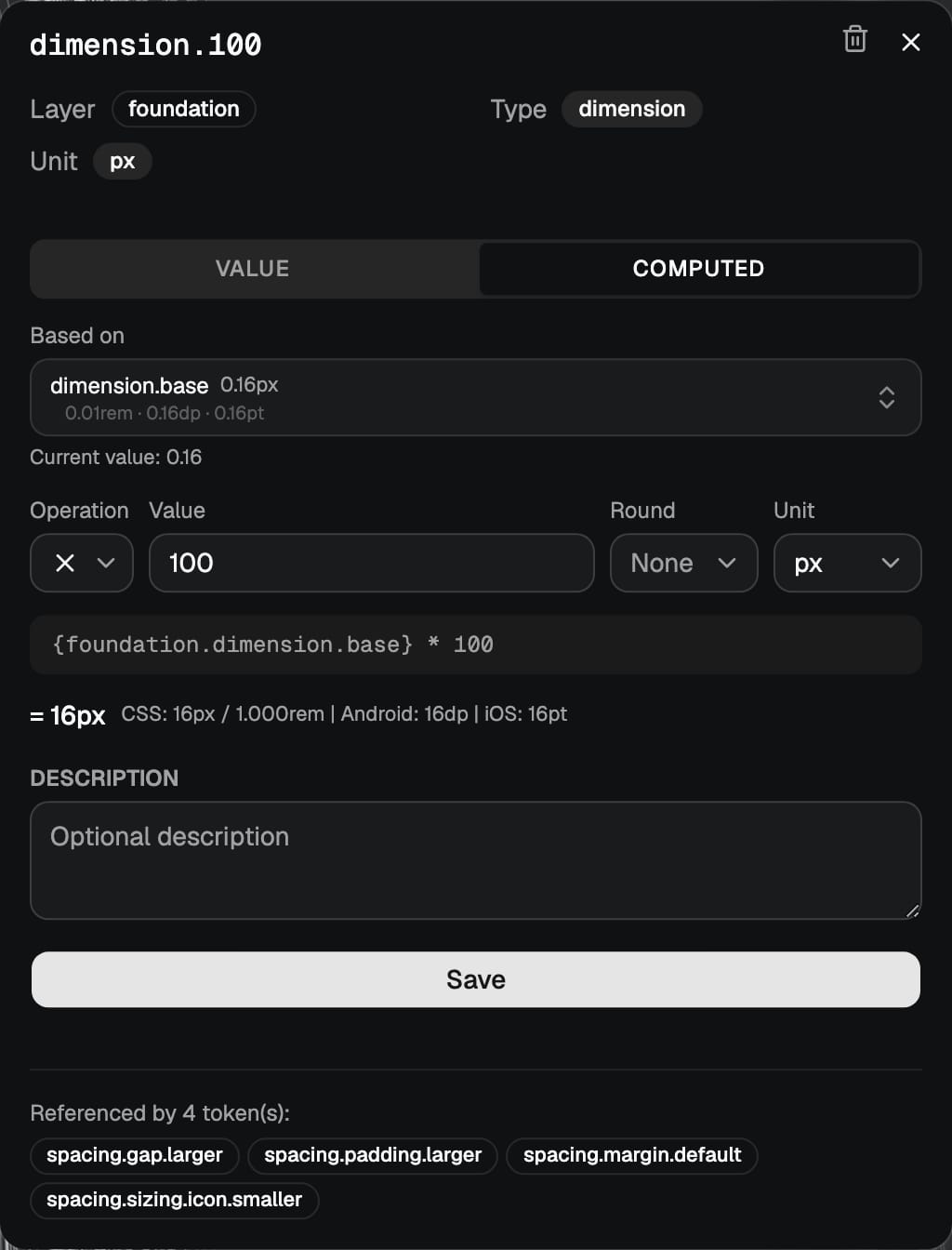 The expression builder for dimension.100 in computed mode: based on dimension.base, multiplied by 100, resolving to 16px with web, Android and iOS values shown