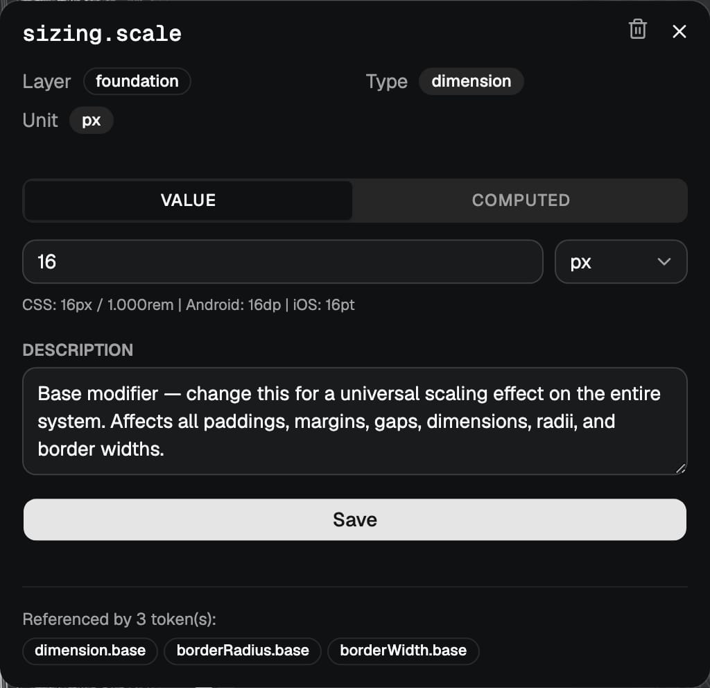 The sizing.scale token open in the editor: a plain 16px value, a description calling it the base modifier, and a list of the three base tokens that reference it