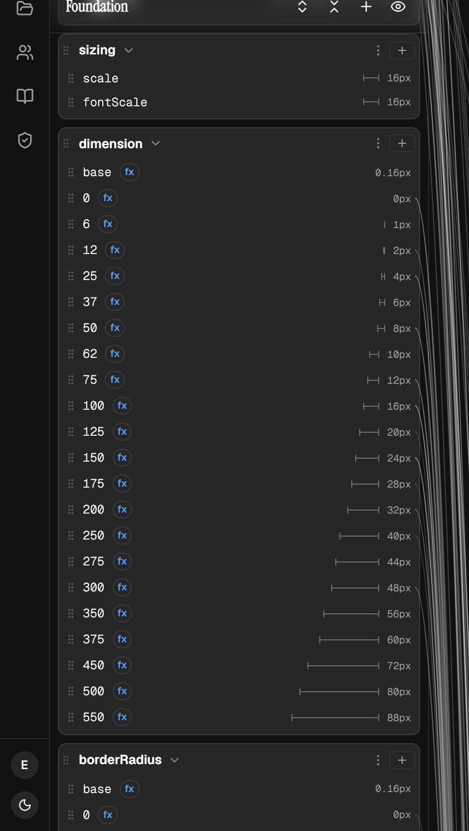 The foundation column in the token editor, showing the dimension scale with an fx badge on every computed token
