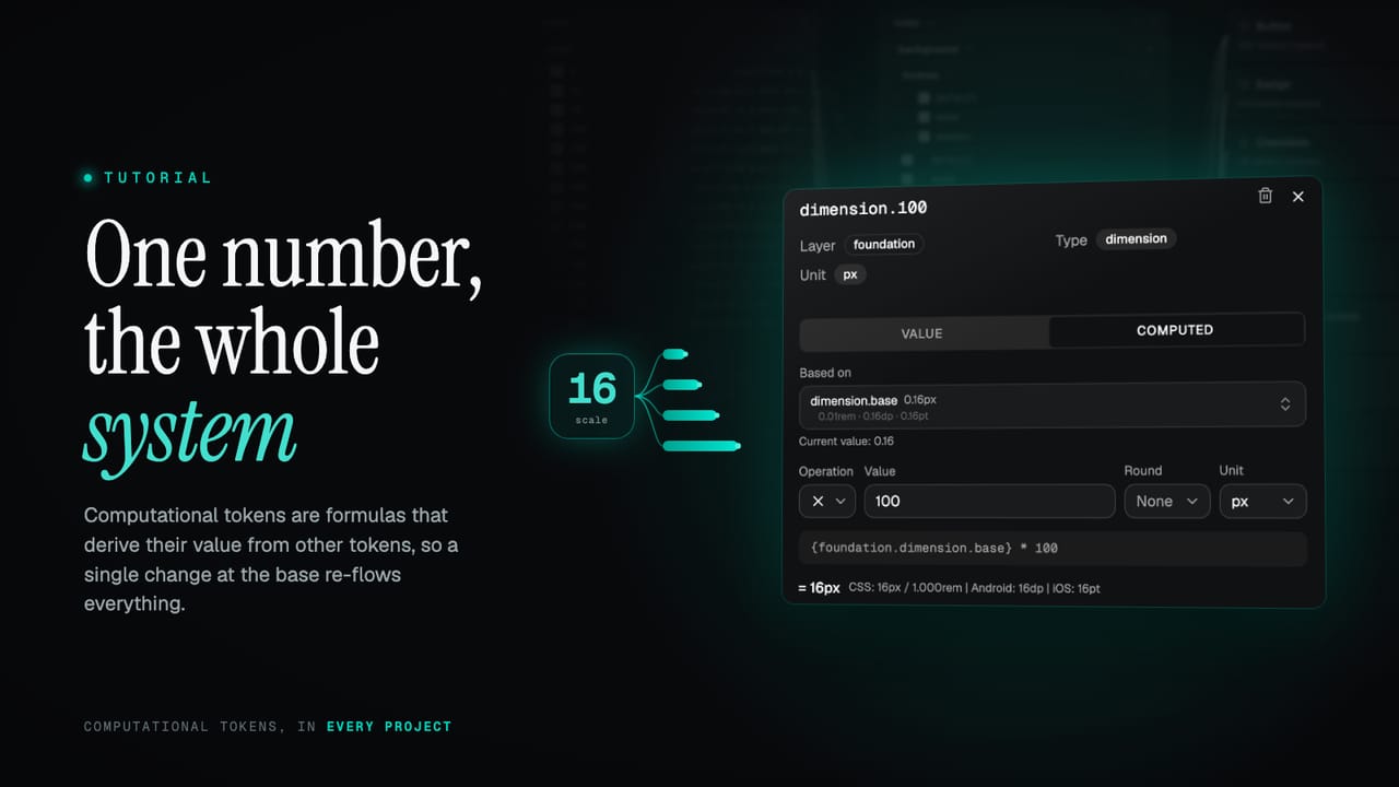 Computational tokens: a base value of 16 feeding a computed dimension scale in the token editor
