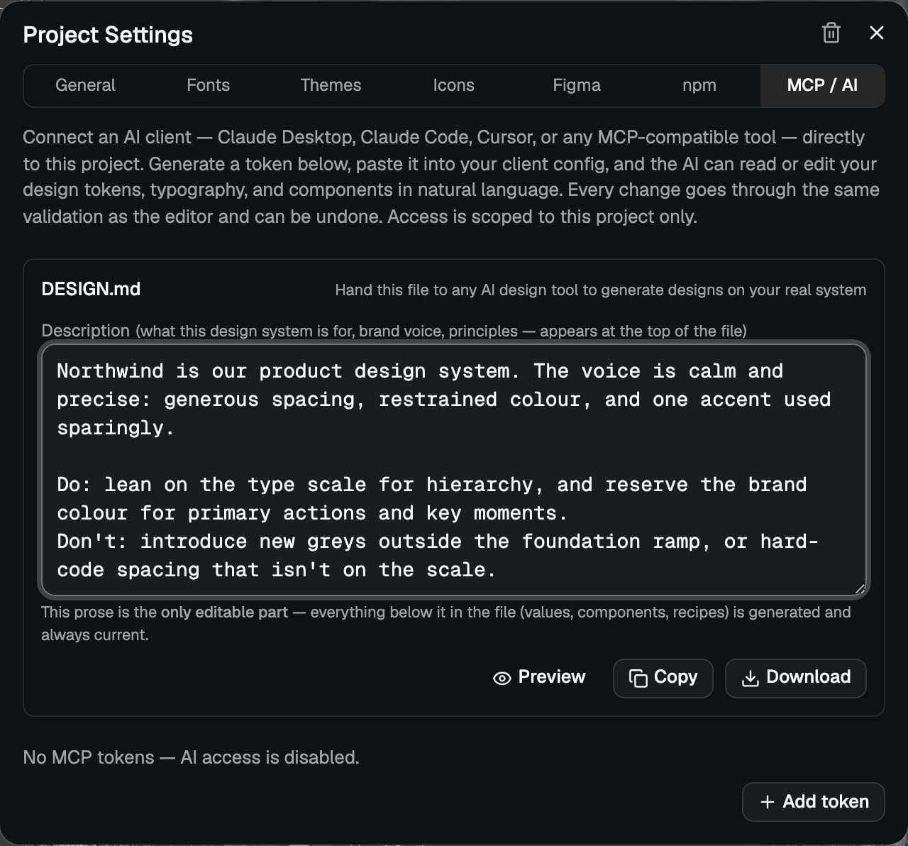 The DESIGN.md description field in Project Settings, with a note that it is the only editable part