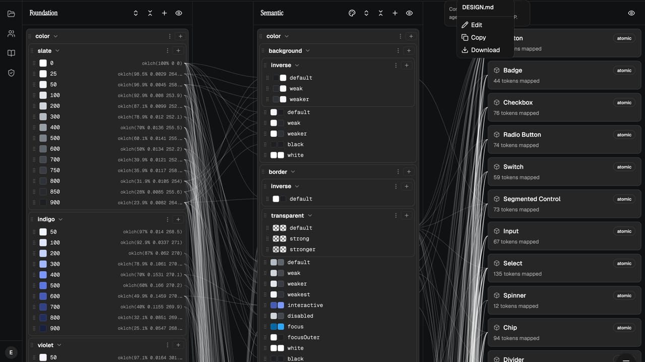 The DESIGN.md button open in the editor header, showing Edit, Copy and Download