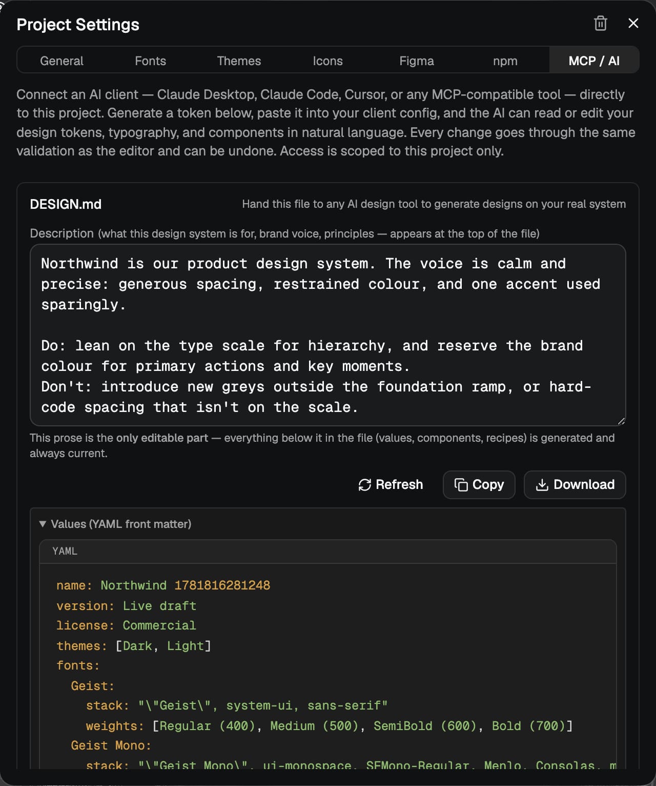 The DESIGN.md live preview with the YAML values block expanded