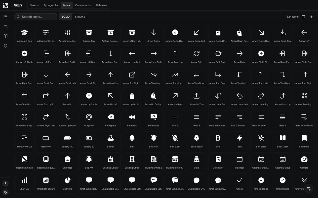 An icon grid with a single SOLID / STROKE toggle at the top switching every icon's variant at once