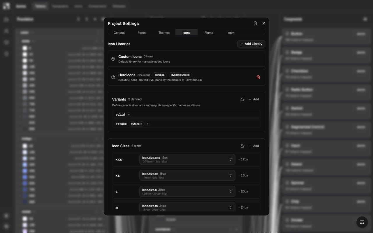 The Icons settings panel: an Icon Libraries list with Custom Icons and Heroicons, an Add Library button, a Variants section, and Icon Sizes