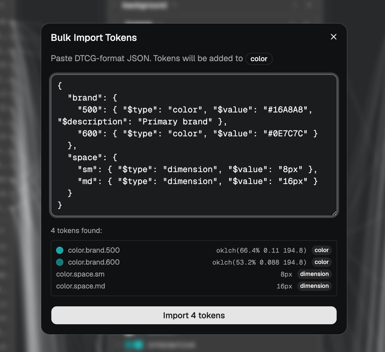 The Bulk Import Tokens modal showing pasted DTCG JSON and a live preview listing the parsed tokens with their types