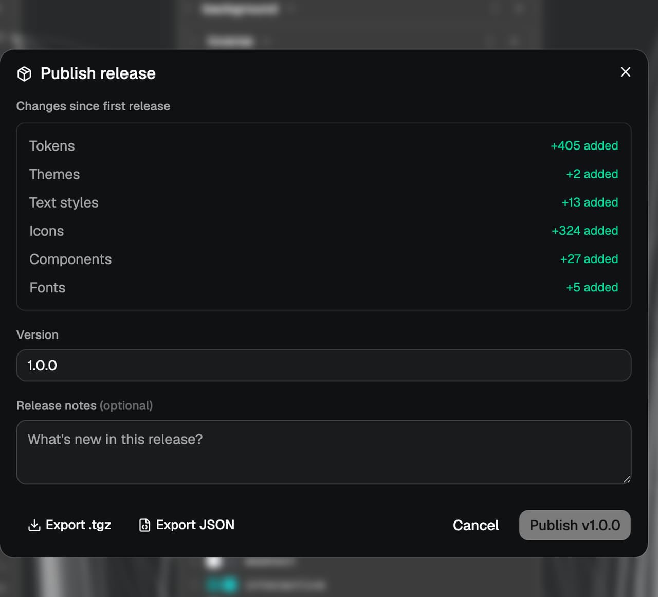 The Publish release modal showing a change summary by category and a semantic version field