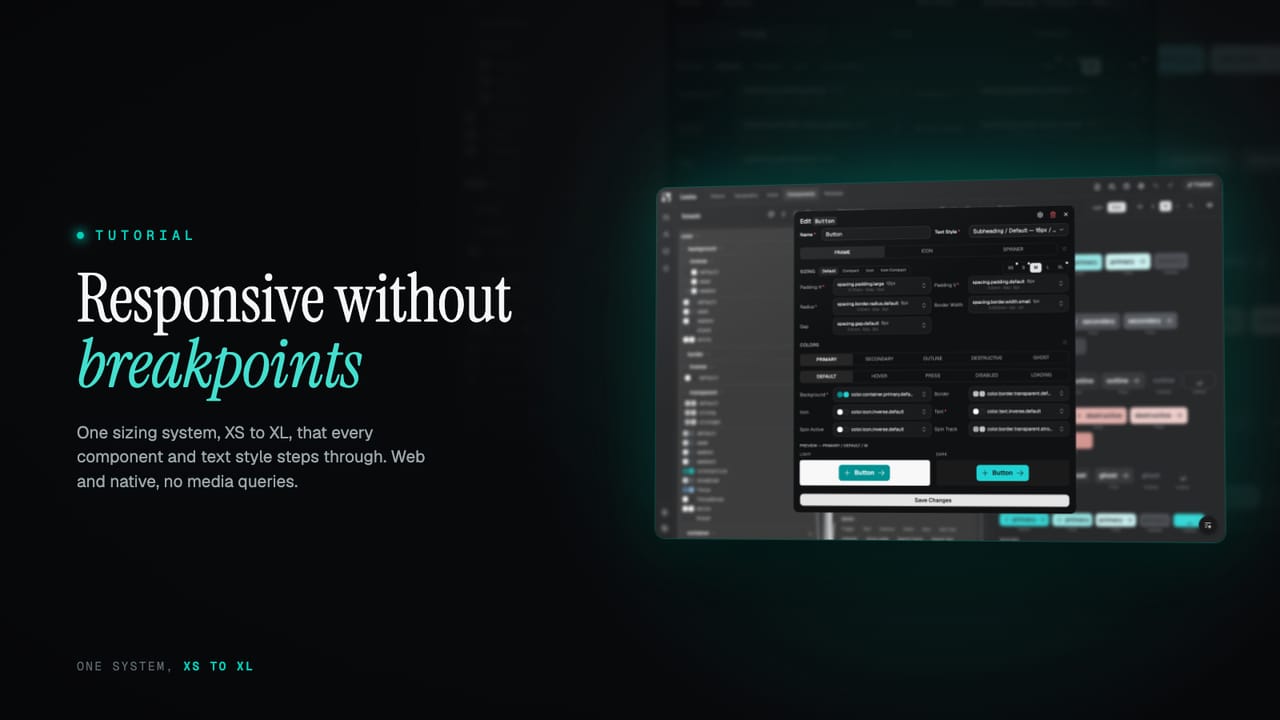 The component tier-sizing editor with an XS to XL tier selector, the M tier active