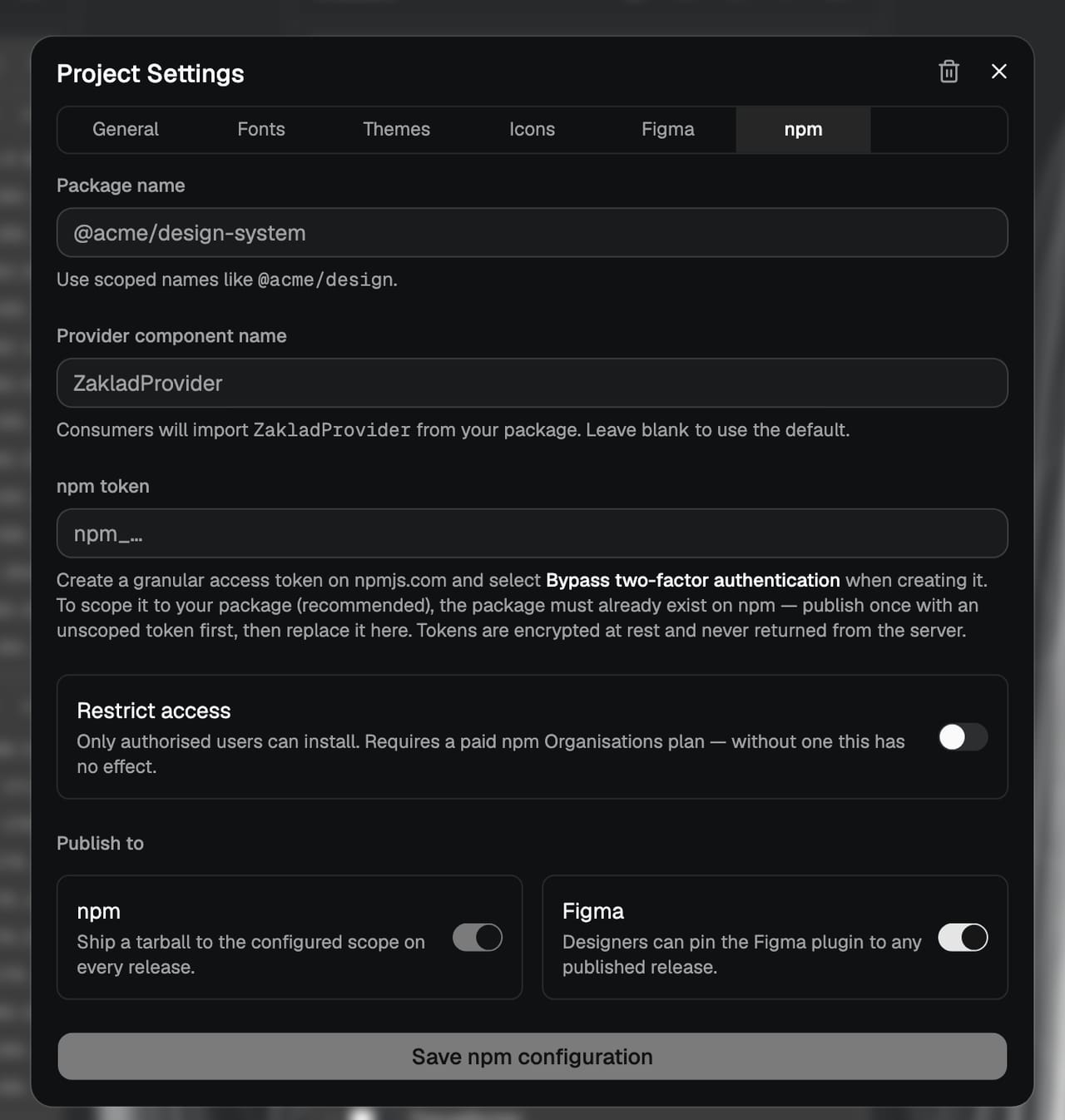 The npm settings tab with the package name and generated provider component name