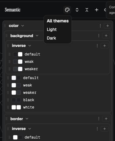The theme view switcher open in the Semantic column header, listing All themes, Light and Dark
