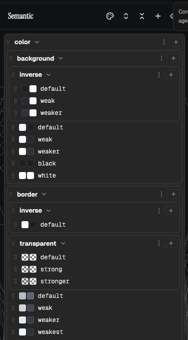 The Semantic column in the Zaklad token editor: colour roles like background and border, grouped and shown with their swatches