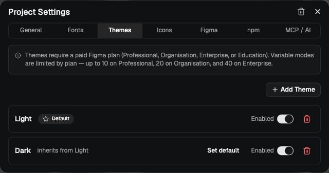 Project Settings Themes tab: Light marked Default, Dark noting it inherits from Light, each with an Enabled toggle and an Add Theme button