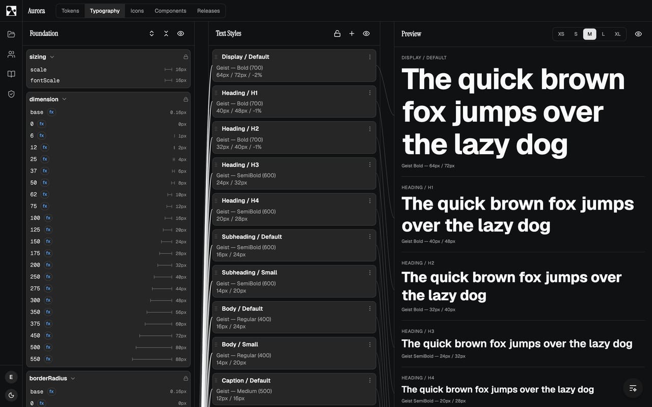 The typography editor: foundation type tokens, a list of text styles like Heading and Body, and a live preview of each