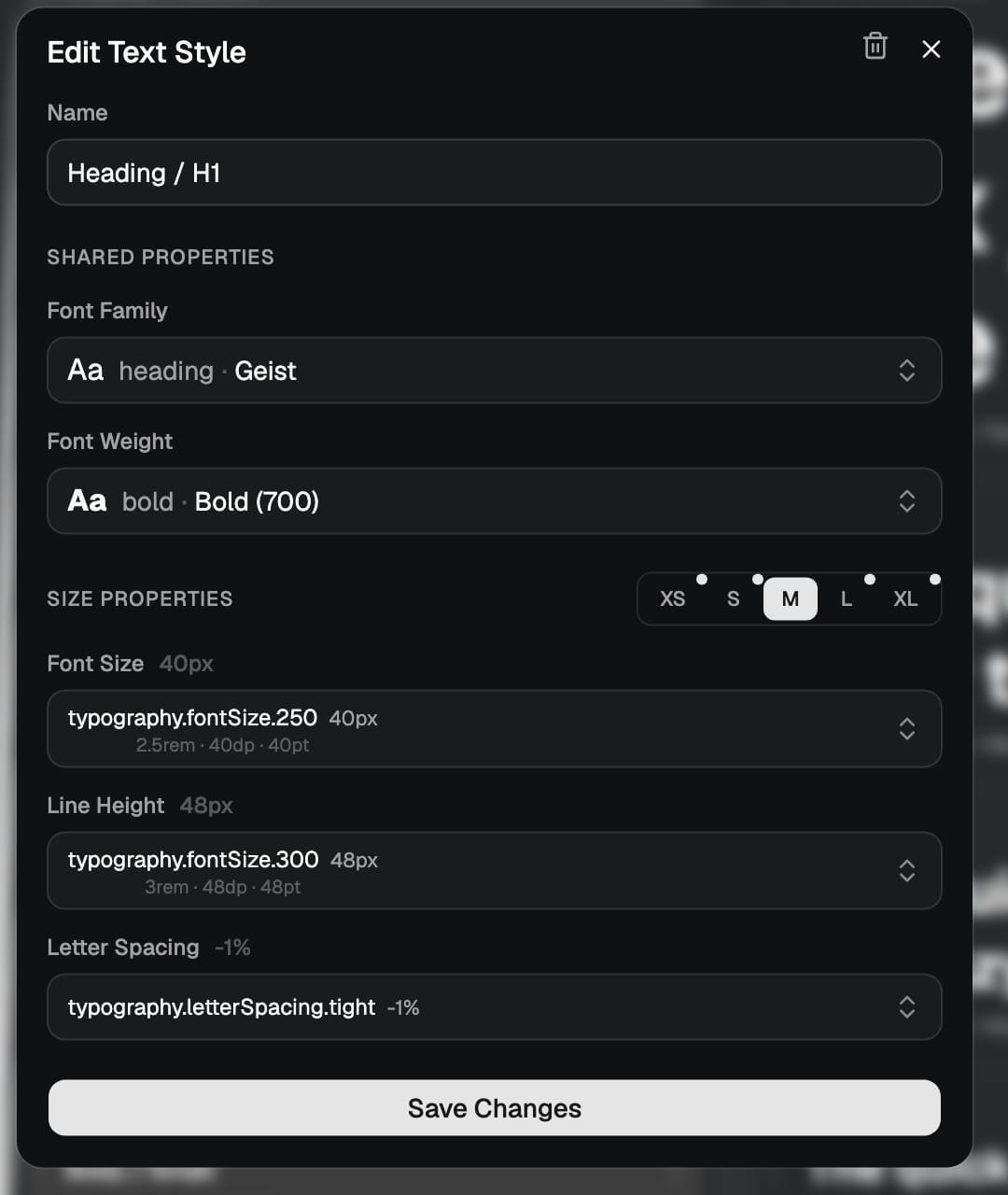 The edit panel for a Heading text style: font family, weight, and per-tier size, line height and letter spacing, each referencing a token