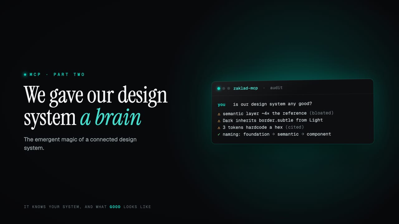An AI auditing a live design system against sourced best practice, with findings flagged in a terminal