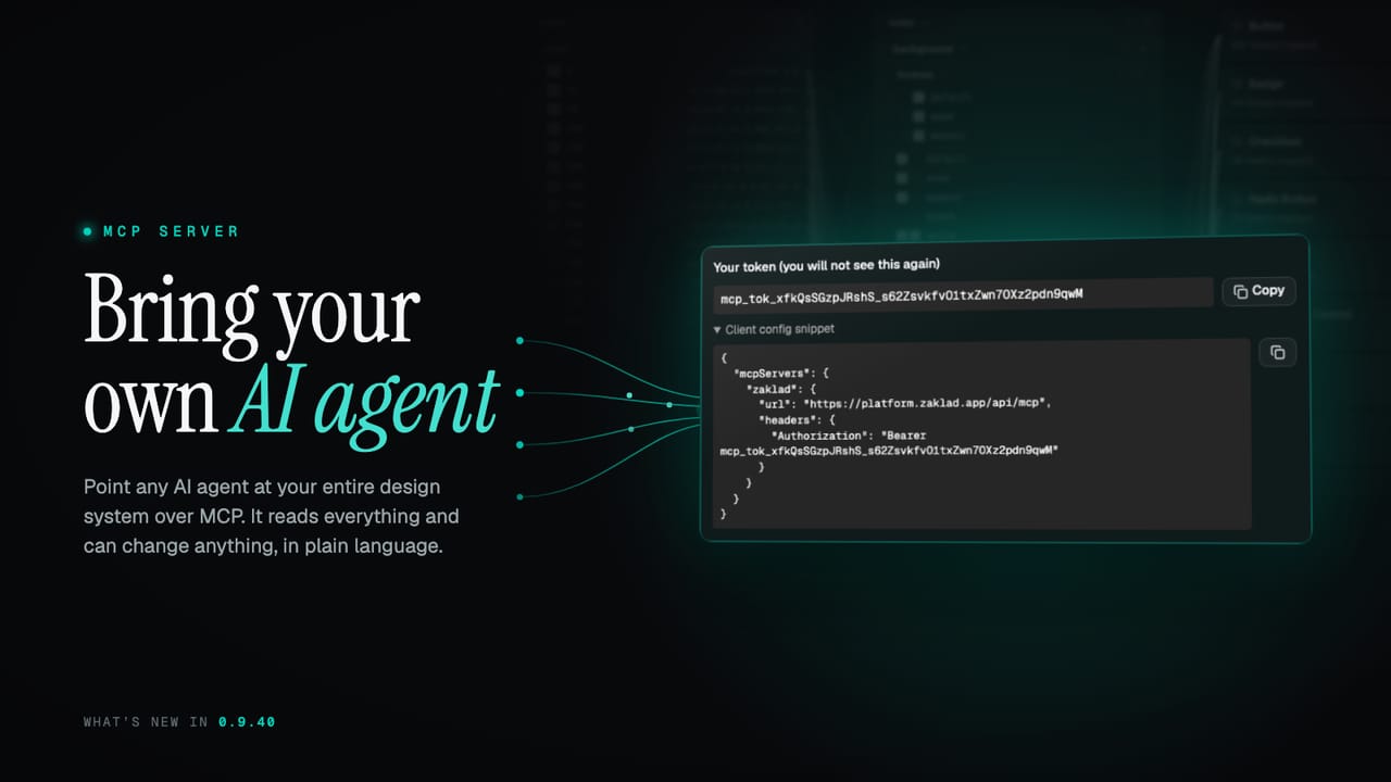 Zaklad's MCP server config, with an AI agent connecting to a design system over MCP