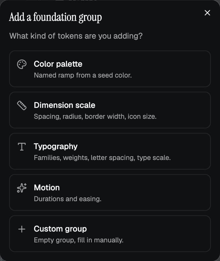The new foundation group type picker in zaklad, showing five options: Colour, Dimension, Typography, Motion, and Custom
